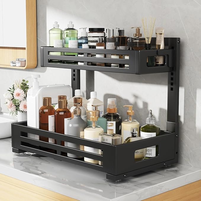 2 Pack 19IN-Depth Under Sink Organizer,Pull Out Cabinet Organizer With Smooth Cylindrical Rail,Metal Slide Out Drawer for Kitchen Bathroom Laundry,8-Level Tool Free Height Adjustable-Black - Image 7