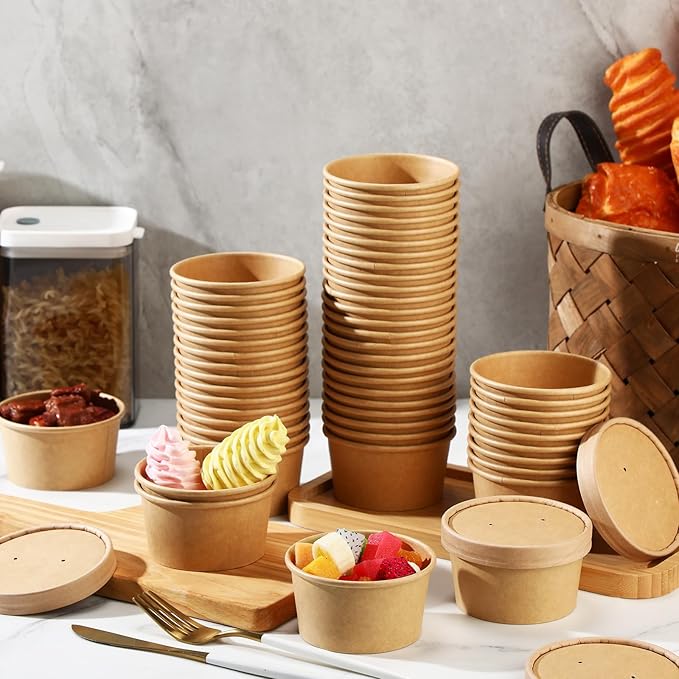 Fulmoon 100 Pack Paper Soup Containers with Lids Disposable Paper Food Containers with Vented Lid Kraft Ice Cream Cake Dessert Cups Soup Bowl for Party Hot Food Fruit Microwave(6 oz,Brown) - Image 4