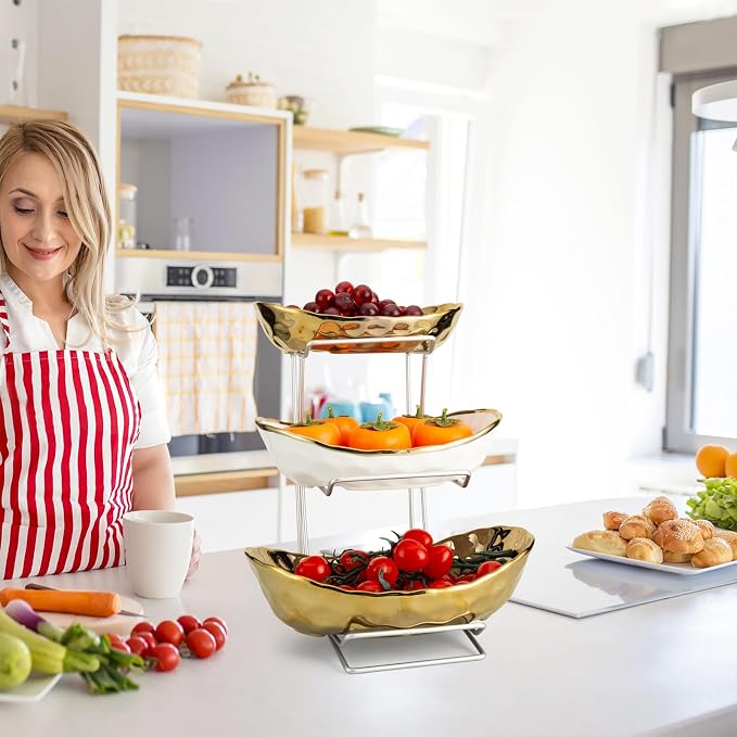 3 Tier Ceramic Fruit Basket for Kitchen Counter with Metal Stand, Fruit Bowls with Rack, Porcelain Bowls for Vegetable Bread Candy Snack Nuts Dessert Cake Tray (Gold Triple Layer) - Image 3