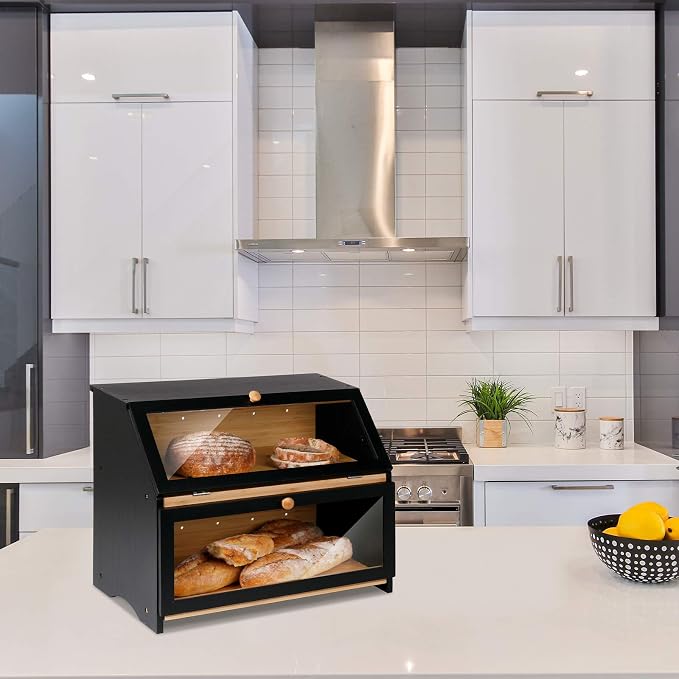 HOMEKOKO Double Layer Wooden Bread Box, Keep Bread Fresh Longer, Black | Keeps Bread Fresh 3-4 Days, Large Capacity Fits 2+ Loaves, Suitable For Home Kitchen Food Storage Use, See-Through Window - Image 6