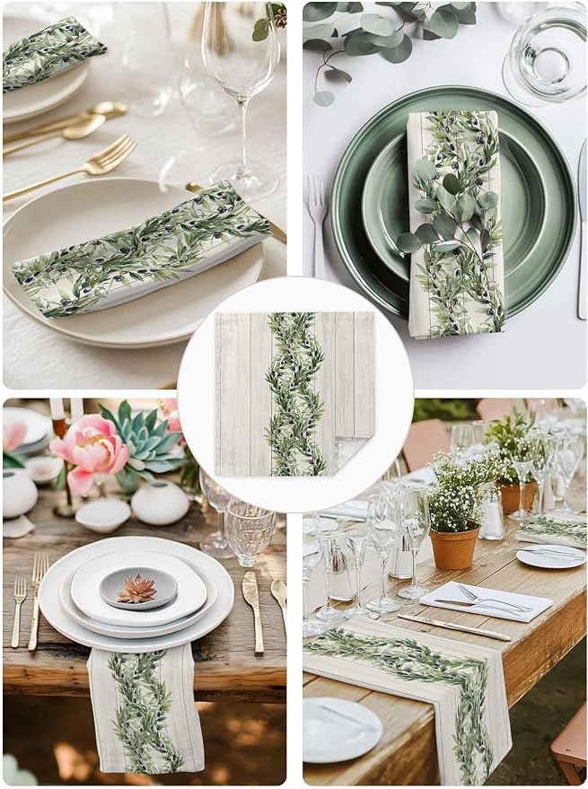 Kitchen Dinner Napkins Set of 8, Vintage Olive Leaf Cloth Napkins Reusable Washable Table Napkins for Weddings Cocktail Parties Holiday Table Decor 20x20 Inch Farmhouse Wooden Grain - Image 5