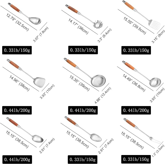 Stainless Steel Kitchen Utensils Set for Cooking Wooden Handle | 304-Healthy;Wooden handle-Anti-scald;Good length,hanging hole-Easy to store;Includes everything from spatulas to a masher - Image 5