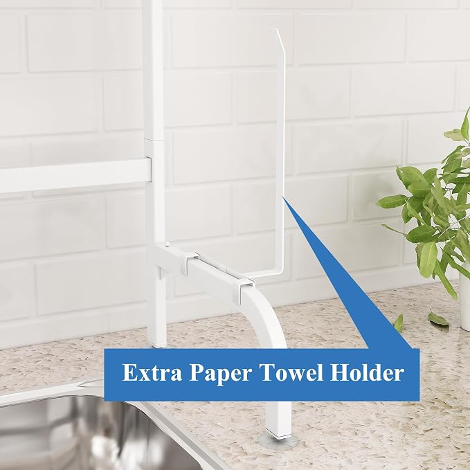 Over The Sink Dish Drying Rack, Adjustable (25.5 to 36.5 inch) 2 Tier Metal Steel Dish Drying Racks for Kitchen Counter with Hooks Paper Towel Utensil Cup Holder Sink Caddy (White) | All-in-One Large Capacity, Snap-On Design for Flexible Use, Strong Me... - Image 5
