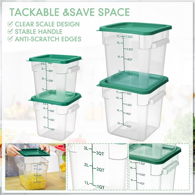 Lallisa 4 Pcs 8qt & 4qt Clear Food Storage Containers with Lids Handles and Scales, Stackable Plastic Square Food Storage Containers for Dough Proofing Baking Kitchen Restaurant(Green) - Image 3