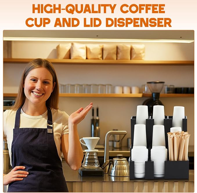 CroBlissful Wooden Vertical Coffee cup and lid dispenser, coffee condiment organizer, 9 Compartment for Disposable Paper & Plastic Cup, for cabinet Station Home Countertop Bar 13''l x 13''w x 12''h - Image 6