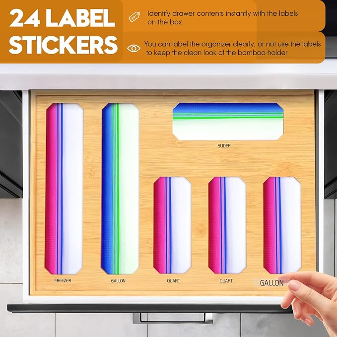 Bamboo Ziplock Bag Organizer for Kitchen Drawer & Wall Mount, Food Storage Baggie Holder, Fits Gallon Quart Sandwich Snack Freezer & Slider Bags, No Assembly, 6 in 1,Natural Color - Image 5