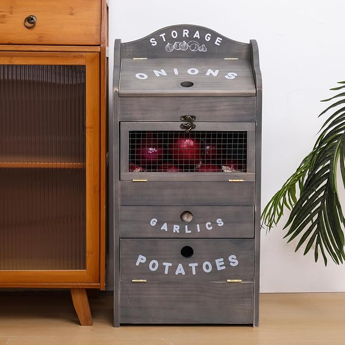 ARTAWEIN Potato Storage Bin Wall-mountable Potato Box with Lid Rustic and Garlic Drawer Onion Organizer with Grocery Section Decorative Vegetable Organization Cabinet for Kitchen - Image 6