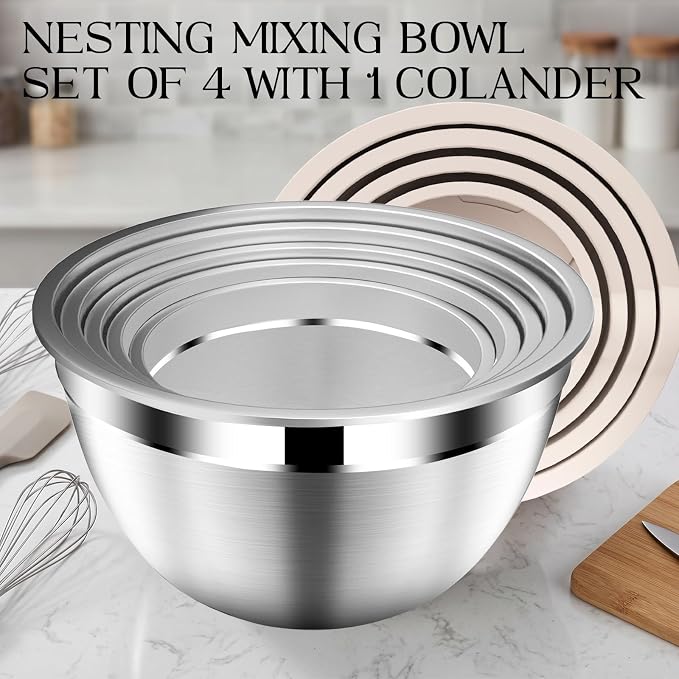 DUTZUN Stainles Steel Mixing Bowls with Lids Set, Stackable Metal Mixing & Serving Bowl with Strainer, 5-Piece - Beige - Image 4