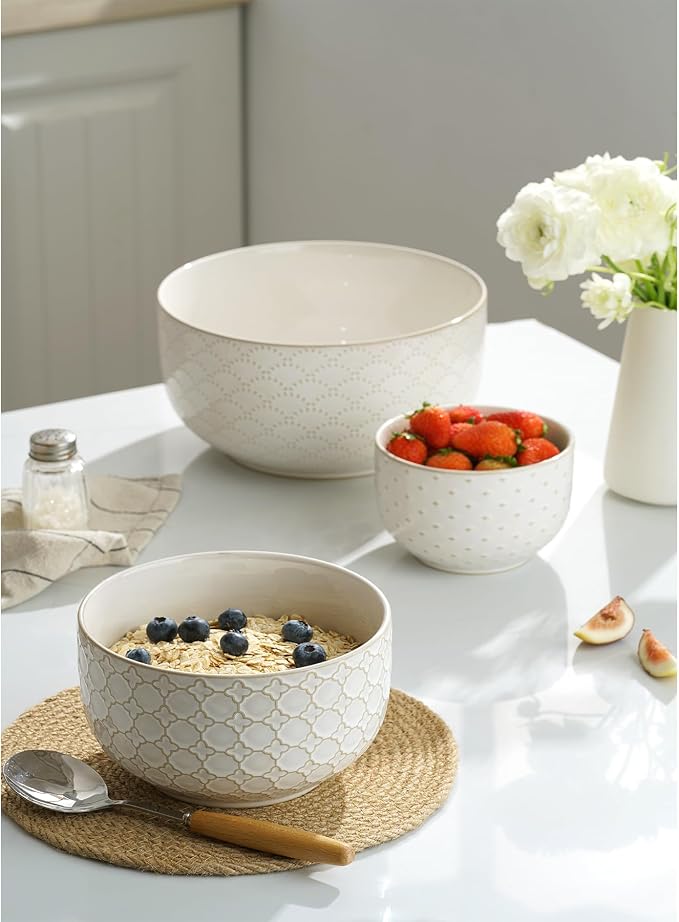 Mikiegy Ceramic Mixing Bowls Set of 4, Nesting Ceramic Embossment Stoneware Mixing Bowls for Cooking, Serving, Popcorn, Salad etc, Microwave & Dishwasher Safe, 20/44/98/145 oz, Off-White - Image 8