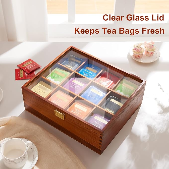 HouseJoy Wood Tea Bag Organizer: 12 Compartments with Clear Glass Lid | Acacia Wood-Large Capacity-Tea Bag Storage Holder for Countertop Kitchen Pantry-Gift For Tea Lover-Keep Tea Bag Fresh - Image 4