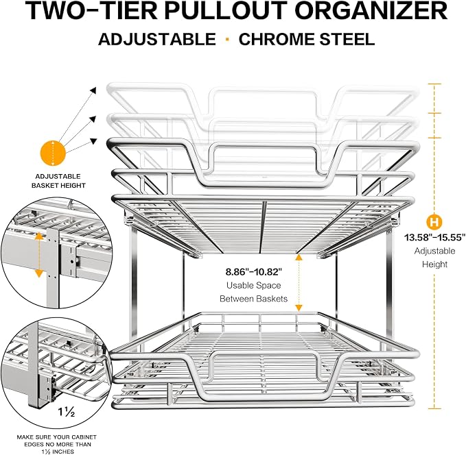 2-Tier Kitchen Cabinet Pull Out Shelf and Drawer Organizer Slide Out Pantry Storaqe Basket in Multiple Sizes (15" W x18 D) - Image 3