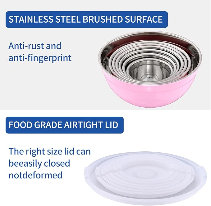 Pink Mixing Bowls with Airtight Lids, Stainless Steel Nesting Mixing Bowls Set of 7, Ideal for Baking, Prepping and Serving Food, Size 7, 3.6, 2.7, 2.1, 1.5, 1.1,0.8 QT, Stackable Design - Image 4