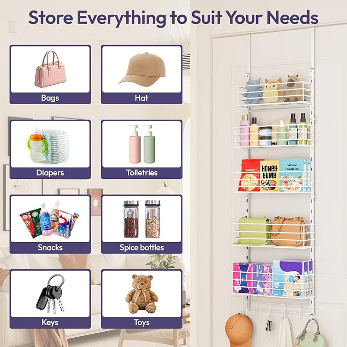 SWTYMIKI Over The Door Organizer - Door Organizer Hanging with 5 Adjustable Metal Large Capacity Basket and 6 Coat Hook, Wall Mounted Shelf for Bedroom Closet Bathroom Laundry Pantry Cabinet Kitchen - Image 3