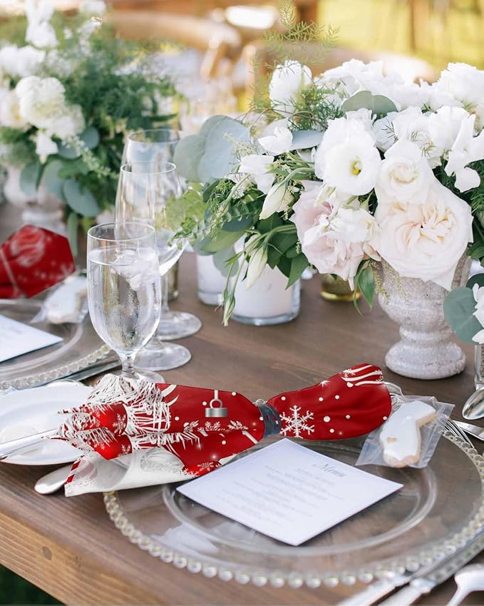 Red Christmas Dinner Cloth Napkins Set of 8, Xmas Ball Winter Snowflake Washable Cocktail Cloth Napkins, Sliver Needles Reusable Table Napkins for Wedding Holiday Party, 20 x 20 Inch - Image 3