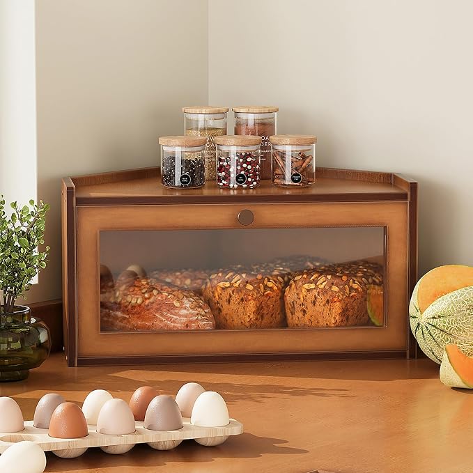 Trironsun Corner Bamboo Bread Box for Kitchen Counter Large Rustic Bread Storage Container with Acrylic Door Space-Saving Vintage Bread Keeper for Homemade Bread (Brown) - Image 2