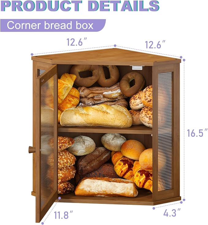 Corner Bread box for Kitchen Countertop,Farmhouse Bread Box with Acrylic Wavy Door Panel,Large Bread box for kitchen countertop,Food Storage Container (Brown, Extra Large) - Image 2