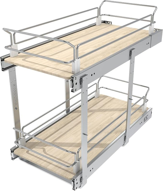 2 Tier Pull Out Cabinet Organizer 11.06" W X 22" D, Wood & Chromed | Full Slide Out Drawers For Kitchen Cabinets, Cabinets Capacity Heavy Duty Caddy, Cabinet Pullout Shelves , Pantry Storage by STORKING