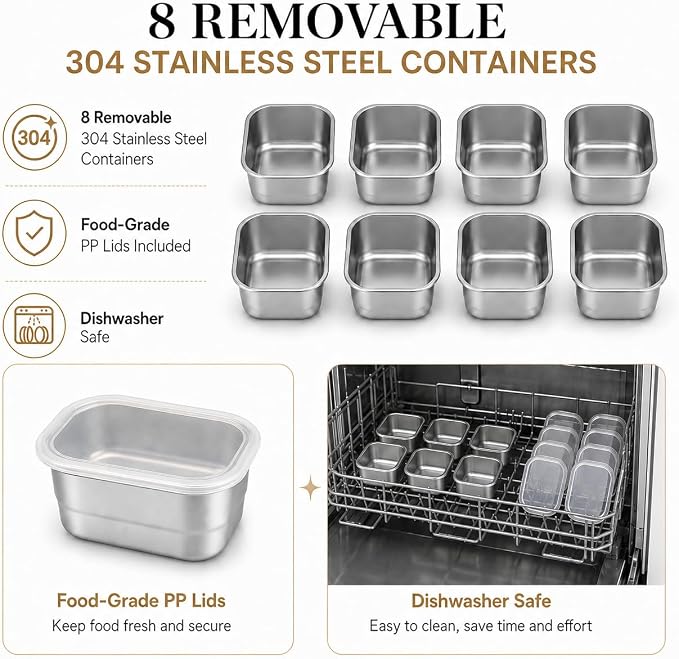 Snackle Box Container, Stainless Steel Divided Serving Tray with Lid, Handle and Forks - Image 3