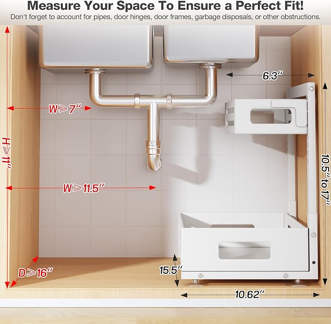 1 Pack Under Sink Organizer,Pull Out Cabinet Organizer With Smooth Cylindrical Rail,Metal Slide Out Drawer for Kitchen Bathroom Laundry Cabinet,8-Level Tool Free Height Adjustable-White - Image 2