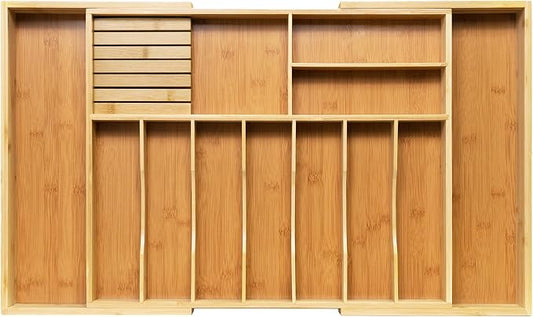 VaeFae Extra Large Kitchen Utensil Holder, Bamboo Silverware Drawer Organizer, Expandable Cutlery Organizer with Knife Block, Multifunctional Drawer Divider (10-12 compartments) by VaeFaeDirect