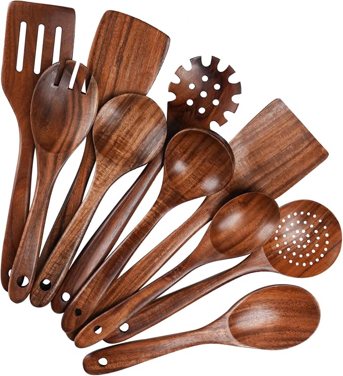10PCS Wooden Utensil Set for Cooking, Non Toxic Wood Kitchen Utensils Set with Spatula & Wooden Spoons for Cooking, Dishwasher Safe Teak Wood Cooking Utensils for Non Stick Cookware by GAGBC