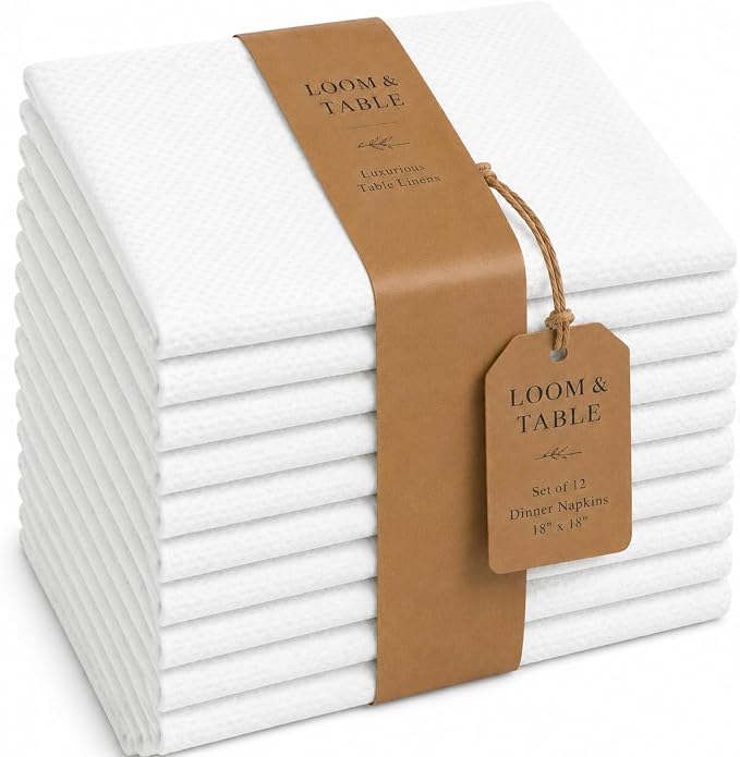 Elm White Polycotton Napkins by Loom & Table - Set of 12 - Elegant, Wrinkle-Resistant, Machine Washable – Luxury Napkin for Dining Room, Weddings, Dinner Parties, Holidays, Birthdays - 18 X 18 by LoomandTable