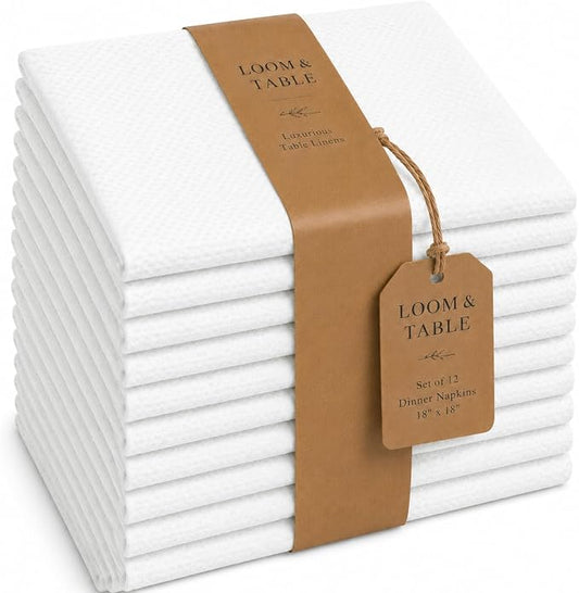 Elm White Polycotton Napkins by Loom & Table - Set of 12 - Elegant, Wrinkle-Resistant, Machine Washable – Luxury Napkin for Dining Room, Weddings, Dinner Parties, Holidays, Birthdays - 18 X 18 by LoomandTable