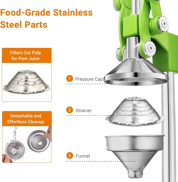 TONGCHANT Cast Iron Manual Juicer for Orange Lemon Lime Pomegranate &Citrus | Heavy Duty Orange Juicer Squeezer, Hand Press Juicer, Citrus Press, Stainless Steel Cup, Easy to Clean, Green - Image 3
