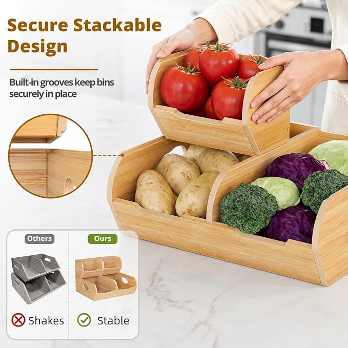 Potato and Onion Storage Bin – 3 Pack Bamboo Pantry Organizer Baskets for Kitchen Counter, Stackable & Ventilated Produce Basket for Fruit, Vegetable, Garlic & Snacks - Image 4