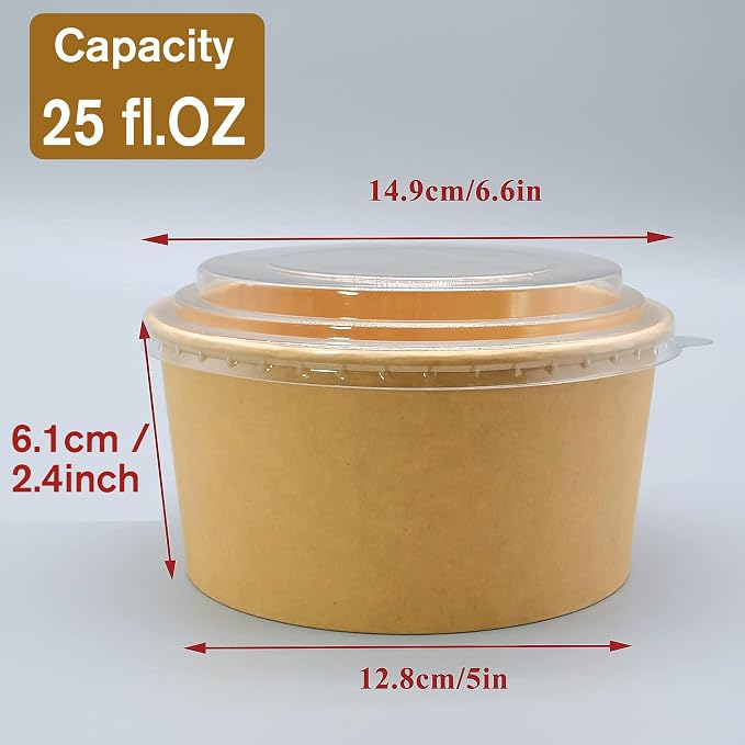 25 oz Disposable Kraft Round salad Bowls with Lid, 50 Sets Leakproof Microwave Meal soup containers Bowls, Waterproof Take Out Food Containers for Lunch Snack Camping Family - Image 4