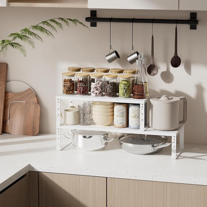 Expandable Spice Rack & Kitchen Cabinet Organizer - Stackable, Adjustable Shelves for Cabinets, Countertops, Cupboards & Pantries(2 Packs/Large/White) - Image 2