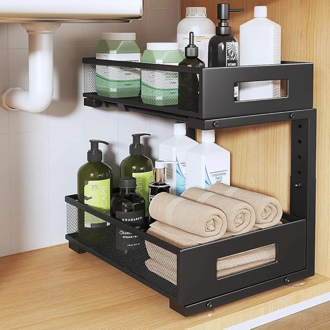 Under Sink Organizer, 2-Tier Dual Pull Out Cabinet Organizer Drawers With Smooth Circular Rail, Large Capacity Metal Mesh Sliding Shelves For Bathroom& Kitchen Storage,Height Adjustable–Black,1 Pack by UnderSinkOrganizer