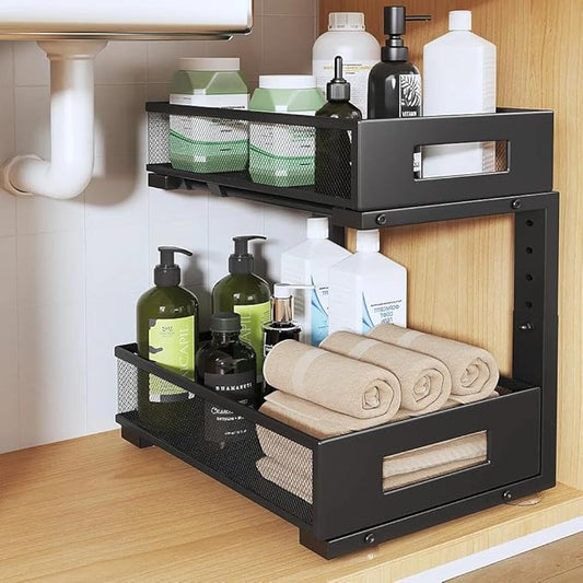 Under Sink Organizer, 2-Tier Dual Pull Out Cabinet Organizer Drawers With Smooth Circular Rail, Large Capacity Metal Mesh Sliding Shelves For Bathroom& Kitchen Storage,Height Adjustable–Black,1 Pack by UnderSinkOrganizer