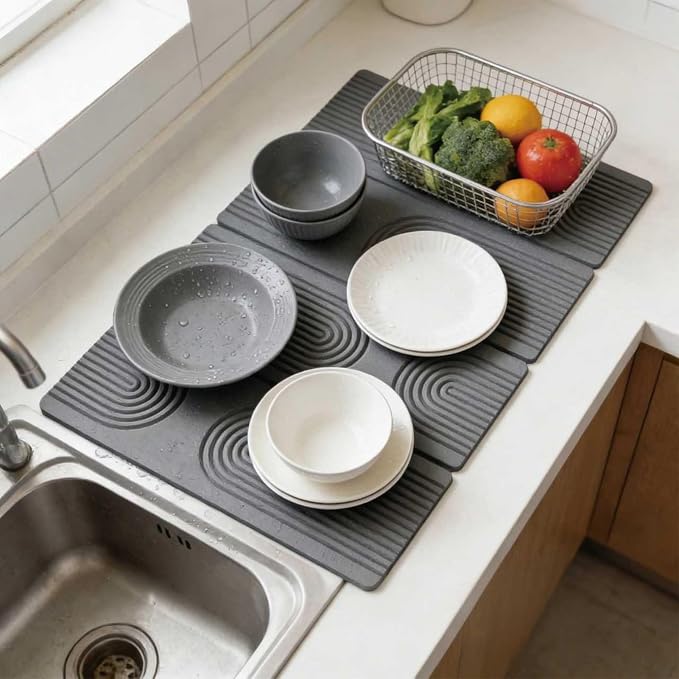 Stone Drying Mat for Kitchen Counter,Foldable(Gray (4-fold), 24" × 16") | Large Quick-Dry Diatomaceous Earth Dish Drying Mat with PU Non-Slip Base,for Bottles Cups Dishes - Image 6