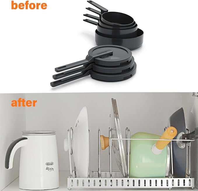 Expandable Pot and Pan Organizers Rack,304 Stainless Steel Pots Lid Organizer Rack Holder for Cabinet, Kitchen Cabinet Pantry Bakeware Organizer Rack Holder with 8 Adjustable Compartments - Image 6