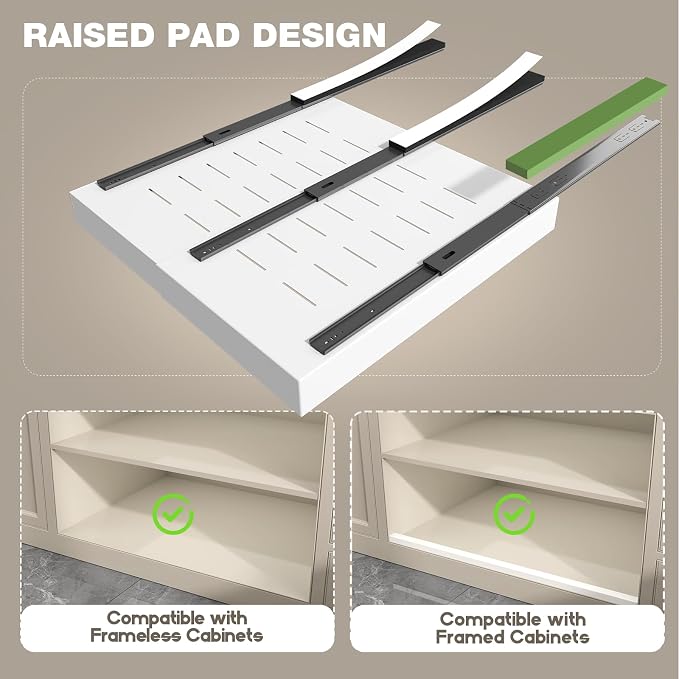 Seinloes 2 Pack Pull Out Cabinet Organizer 24" Deep,Full Extension 3 Slide Rails Slide Out Drawers With Raising Pad for Framed Cabinets,Expandable Width (15.4"-26.2"),No Drill Roll Out shelf,White - Image 7