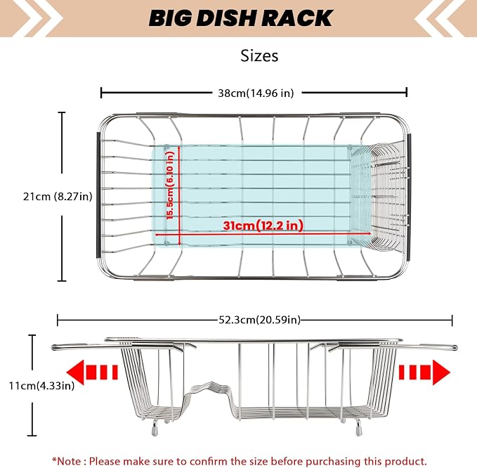Sink Dish Drainer Rack, Expandable Stainless Steel Dish Drying Rack | 304 Stainless Steel Sink Rack with Utensil Holder, Adjustable 14.96"-20.59", Fits Inside Sink, Holds Up to 7 Upright Utensils - Image 3