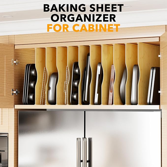 SpaceAid 10 Pack Tray Dividers for Cabinets, Bamboo Kitchen Cookie Baking Sheet Organizer for Cabinet, Vertical Pan and Trays Organizers for Pantry Storage - Image 6