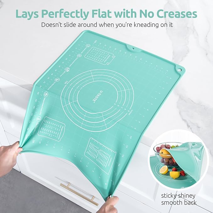 U-Taste 16"x20" Food-Grade Liquid Silicone Pastry Mat with Clear Measurement, and 18/8 Stainless Steel Square Measuring Spoons Set of 8 (Aqua Sky+Silver) - Image 8