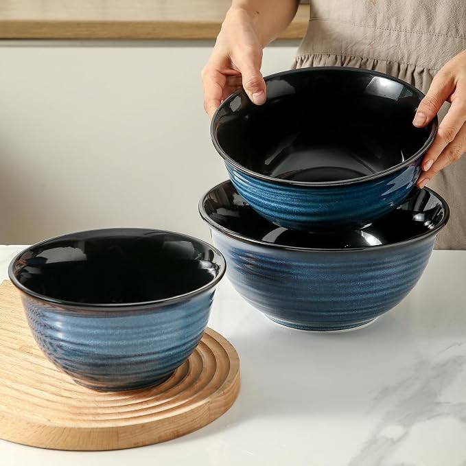 HASENSE Mixing Bowls, Ceramic Serving Bowls Set for Cooking, Baking, Prepping, Large Nesting Bowls for Salads, Fruit, Popcorn, 2.1/1.5/1.0 Qt, Dishwasher & Microwave Safe, Blue - Image 7