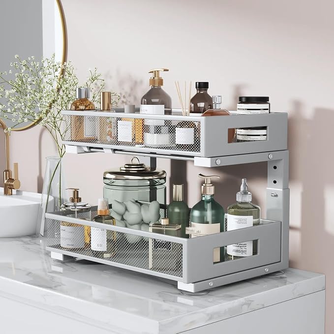 1 Pack 17IN Depth Under Sink Organizer, 2-Tier Pull Out Cabinet Organizer With Smooth Circular Rail, Large Capacity Metal Mesh Sliding Drawers For Bathroom& Kitchen Storage,Height Adjustable-Gun Gray - Image 5