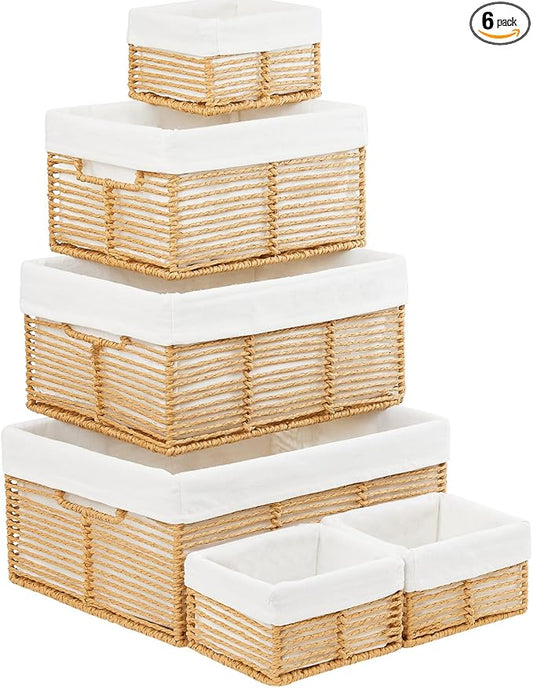 Wicker Storage Basket, 6 Pack Baskets for Organizing, Wicker Baskets with Handle, Rectangular Woven Basket for Storage Shelves, Cube Storage Bins for Closet/Clothes/Dresser, Natural by Vagusicc