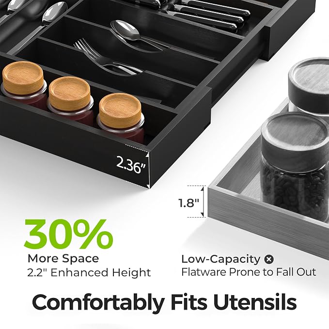 Bamboo Kitchen Drawer Organizer, Expandable Silverware Organizer with Removable Knife Block, 6-8 Slots- Utensil Holder & Cutlery Tray Drawer Dividers, 2.36" Deep for Extra Capacity, Black - Image 4