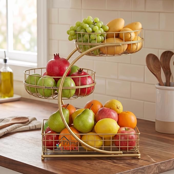 3 Tier Fruit Basket Bowl for Home and Kitchen | Countertop Metal Wire Kitchen Storage Basket for Fruits, Vegetables and Snacks - Gold - Image 4