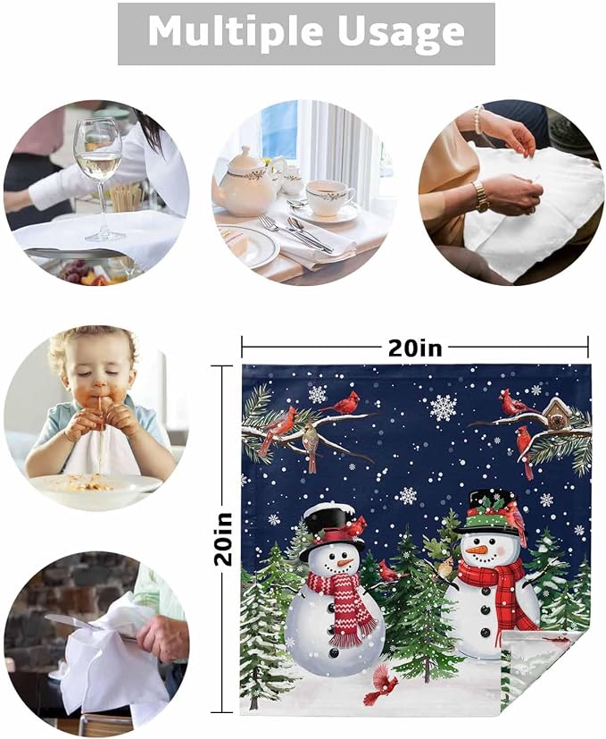 Navy Blue Snowman Christmas Cloth Napkins, Washable and Reusable Dinner Napkins Set of 4, Xmas Tree Snowflake Winter Birds Table Napkin for Kitchen Party Birthday Wedding Hotel Housewarming 20''x20'' - Image 5