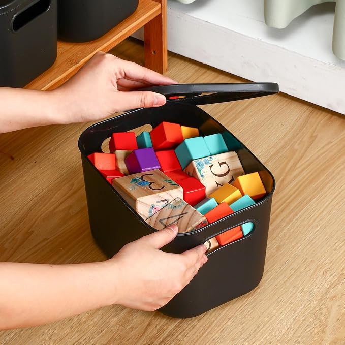 8 Pieces Colorful Storage Bins with Lid, Plastic Storage Basket Organizing Container Stackable Box with Handle for Shelves Desktop Playroom Office(9.8 x 7.1 x 6.3 Inch,Black) - Image 5