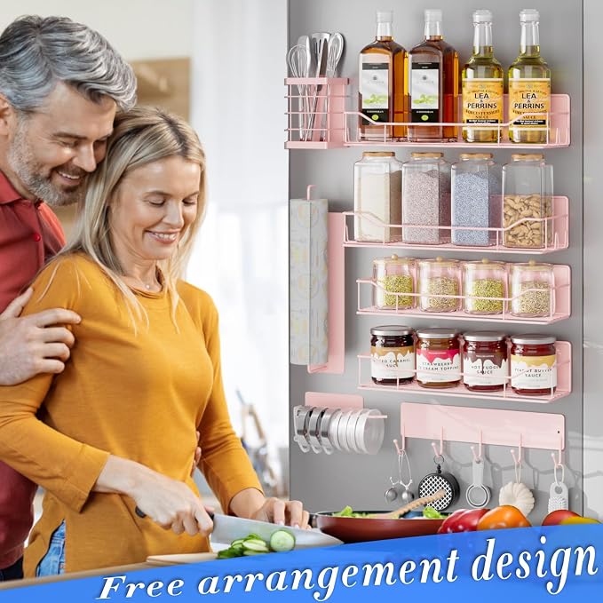 Magnetic Spice Rack for Refrigerator,8 Pack Magnetic Fridge Shelf, Moveable Spice Organizer with Hook Rack, Paper Towel Holder, Utensil Holder,cup lid holder, Super Magnetic Rack Set (Pink) - Image 5