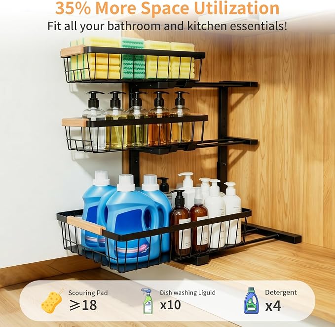 3 Tier Grid Pull Out Under Sink Organizer Black 1 Pack | Heavy duty grid pull out organizer with reinforced structure for storing cleaning supplies under sink and cabinet spaces - Image 2