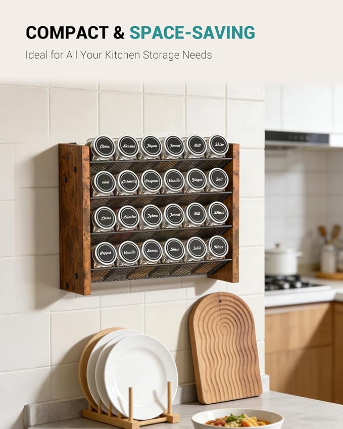 NESAPTO Spice Rack Organizer with 24 Glass Spice Jars, Wood 4-Tier Seasoning Organizer with Labels for Cabinet, Pantry, Countertop or Wall Mount, Chalk Marker and Funnel Set, 12.2" W × 9.4" H - Image 6