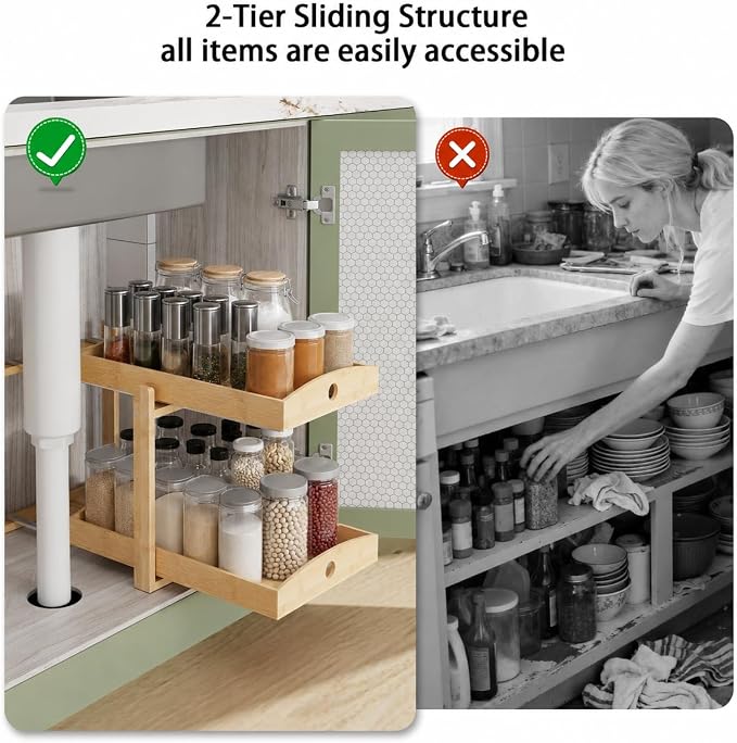 Bamboo Under Sink Organizer 2 Tier Pull Out Cabinet Storage Drawer - Image 6